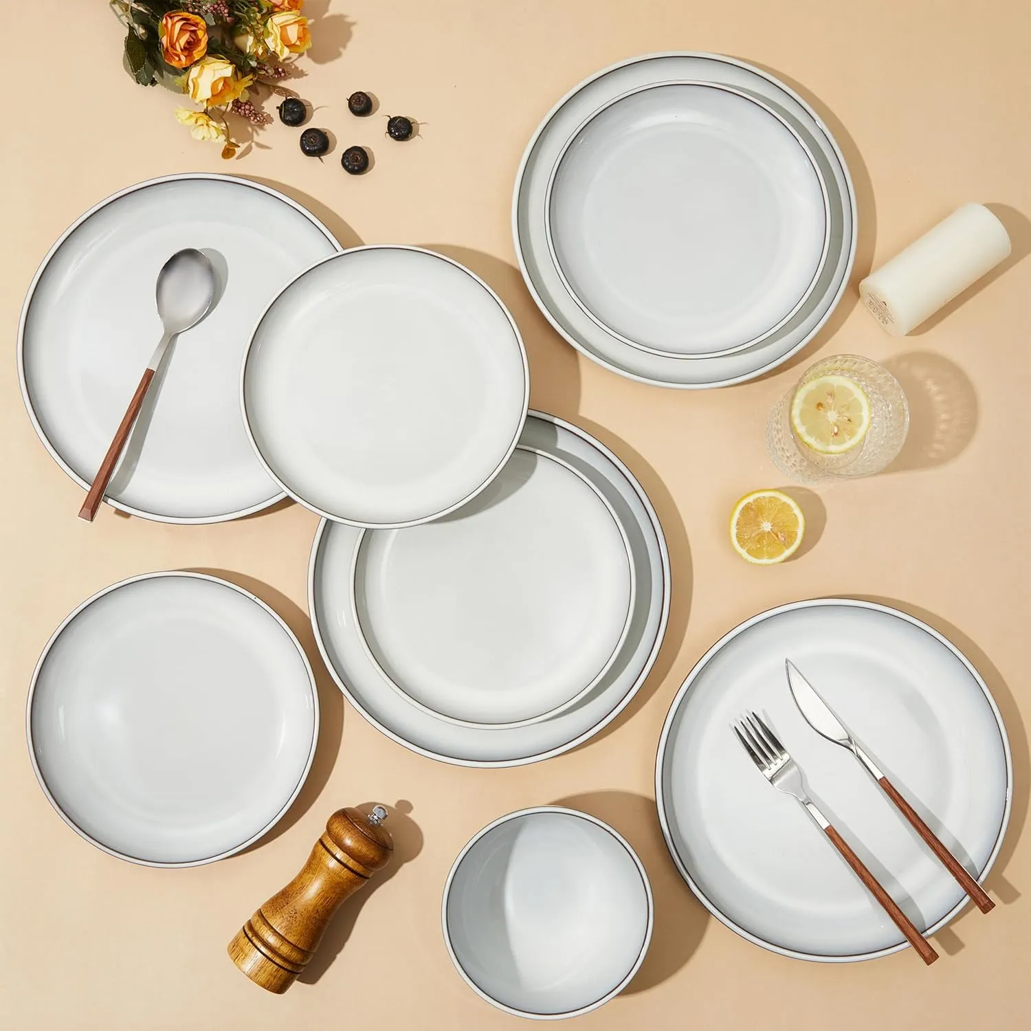 Santorini Mist Terracotta Reactive Glaze Plates and Bowls Sets, Stoneware Dinnerware Sets, Microwave and Dishwasher Safe Ceramic Dish Set Service for 4, Moonstone White