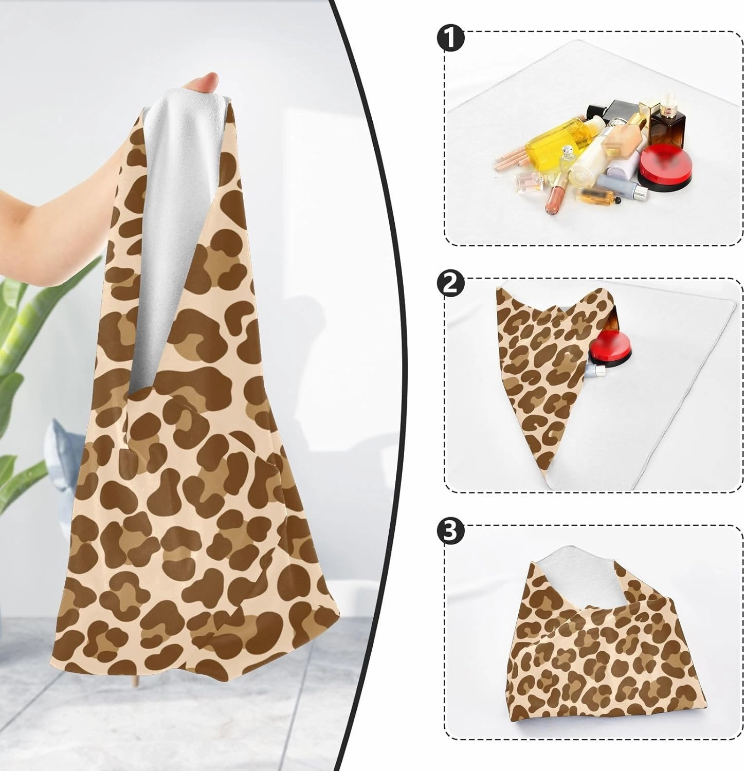Self-Adhesive Magic Cloth Makeup Bag 21.7 Inch Protective Camera Lens Wrap Multifunctional Magic Storage Cloth Brown Leopard Print