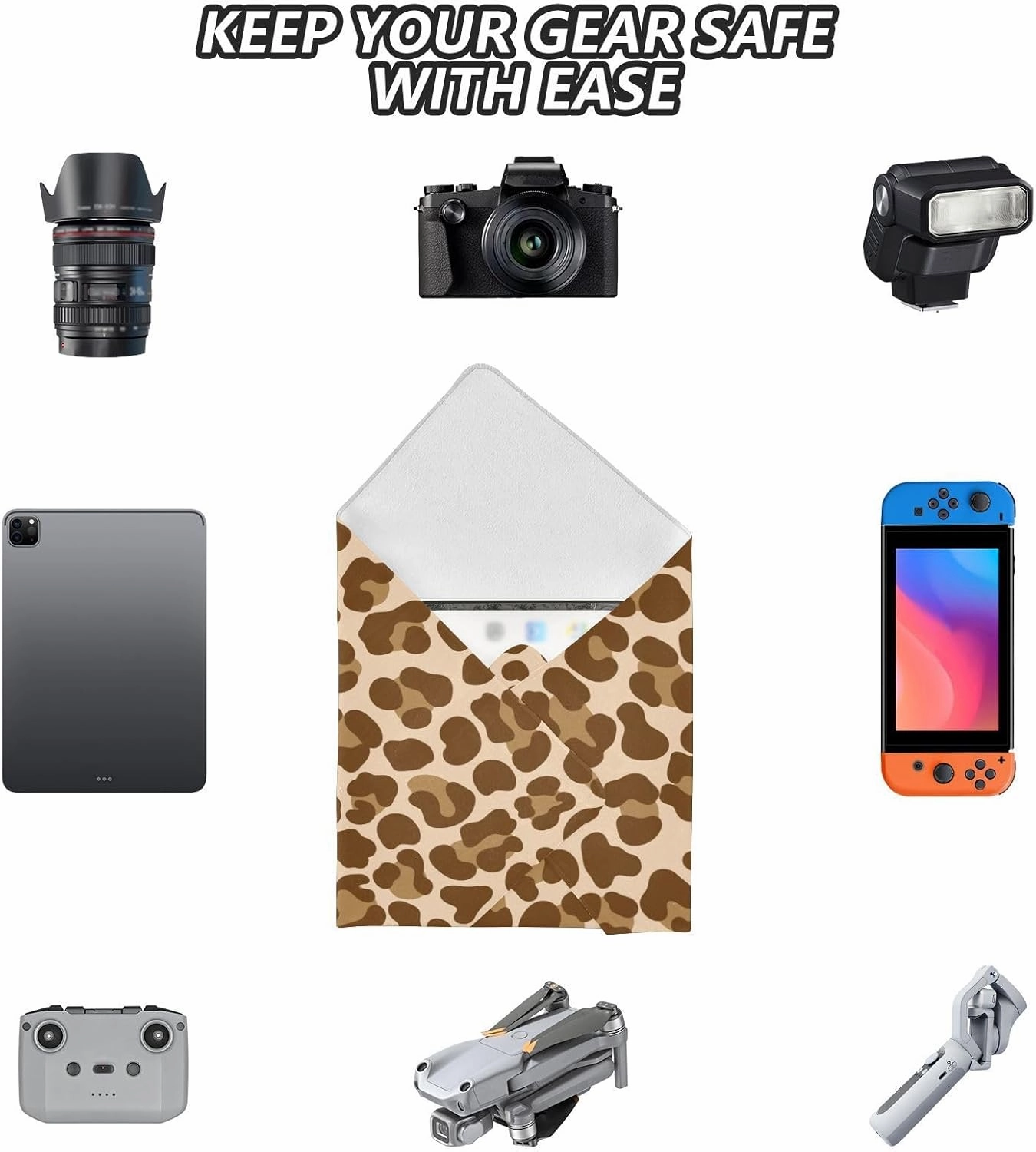 Self-Adhesive Magic Cloth Makeup Bag 21.7 Inch Protective Camera Lens Wrap Multifunctional Magic Storage Cloth Brown Leopard Print