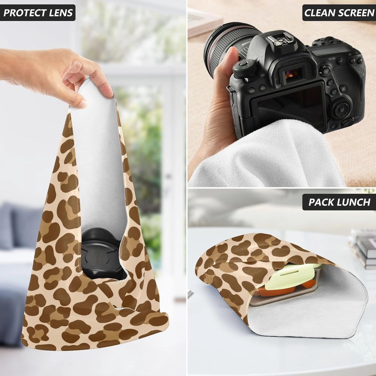 Self-Adhesive Magic Cloth Makeup Bag 21.7 Inch Protective Camera Lens Wrap Multifunctional Magic Storage Cloth Brown Leopard Print