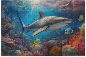 Shark Blue Fish Coral Jigsaw Puzzle 1000 Piece, Educational Intellectual Decompression Puzzle Game Jigsaw Puzzle for Adult Active Thinking Party Entertainment, Family Games