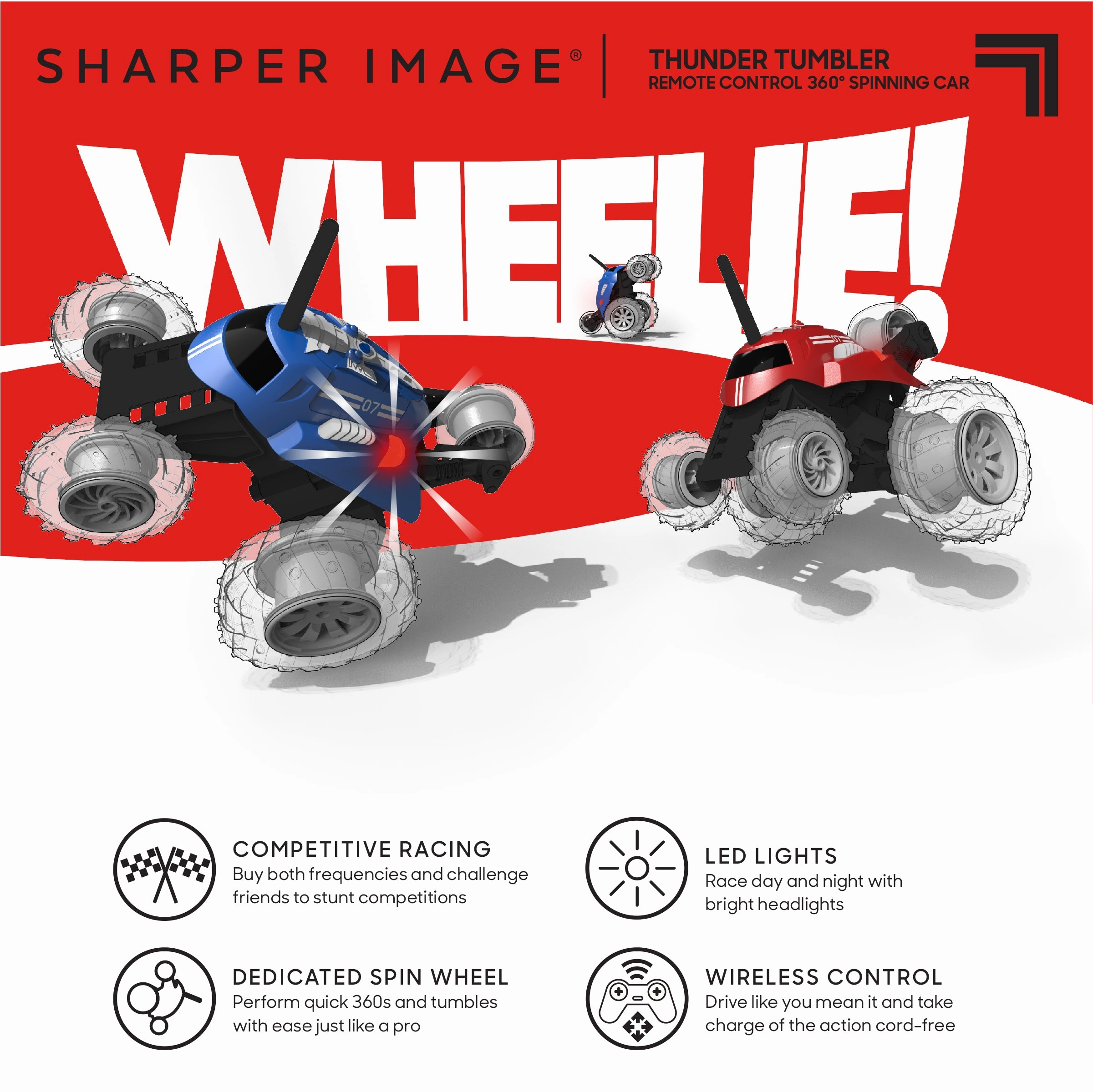 SHARPER IMAGE Thunder Tumbler Toy RC Car for Kids RED, Remote Control Monster Spinning Stunt Mini Truck for Girls and Boys