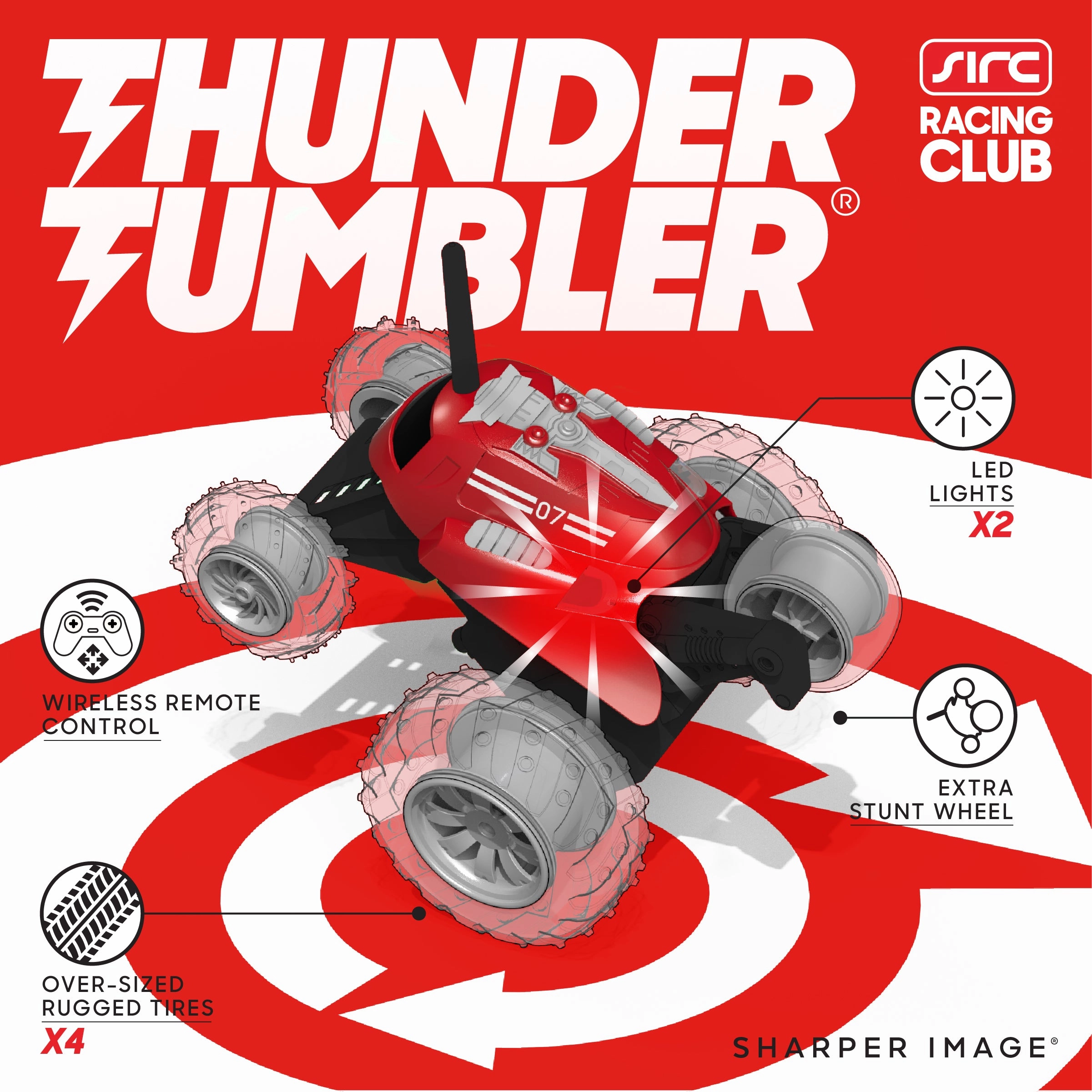 SHARPER IMAGE Thunder Tumbler Toy RC Car for Kids RED, Remote Control Monster Spinning Stunt Mini Truck for Girls and Boys