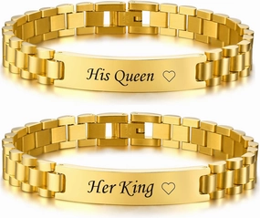 SHNIAN Couple Watch Band Stainless Steel Stylish Link Gold Plated Bracelet Affordable (a Pair),Commemorative Matching Bangle Gifts for Him and Her(Engrave with:Her King ♡ & His Queen ♡)