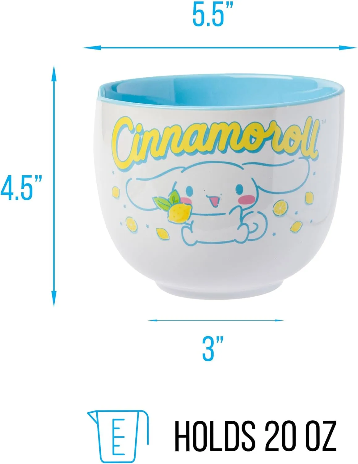 Silver Buffalo Sanrio Hello Kitty and Friends Cinnamoroll Lemons Ceramic Ramen Noodle Rice Bowl with Chopsticks, Microwave Safe, 20 Ounces