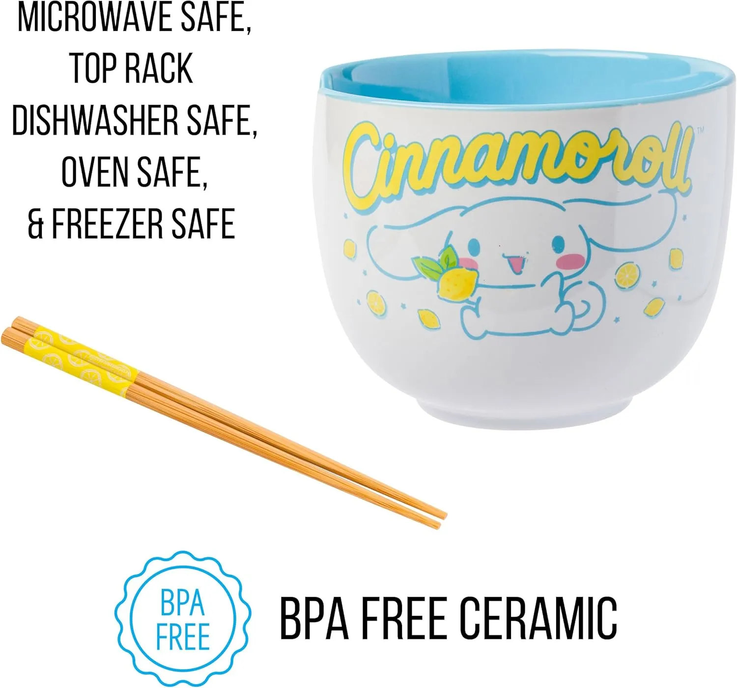 Silver Buffalo Sanrio Hello Kitty and Friends Cinnamoroll Lemons Ceramic Ramen Noodle Rice Bowl with Chopsticks, Microwave Safe, 20 Ounces