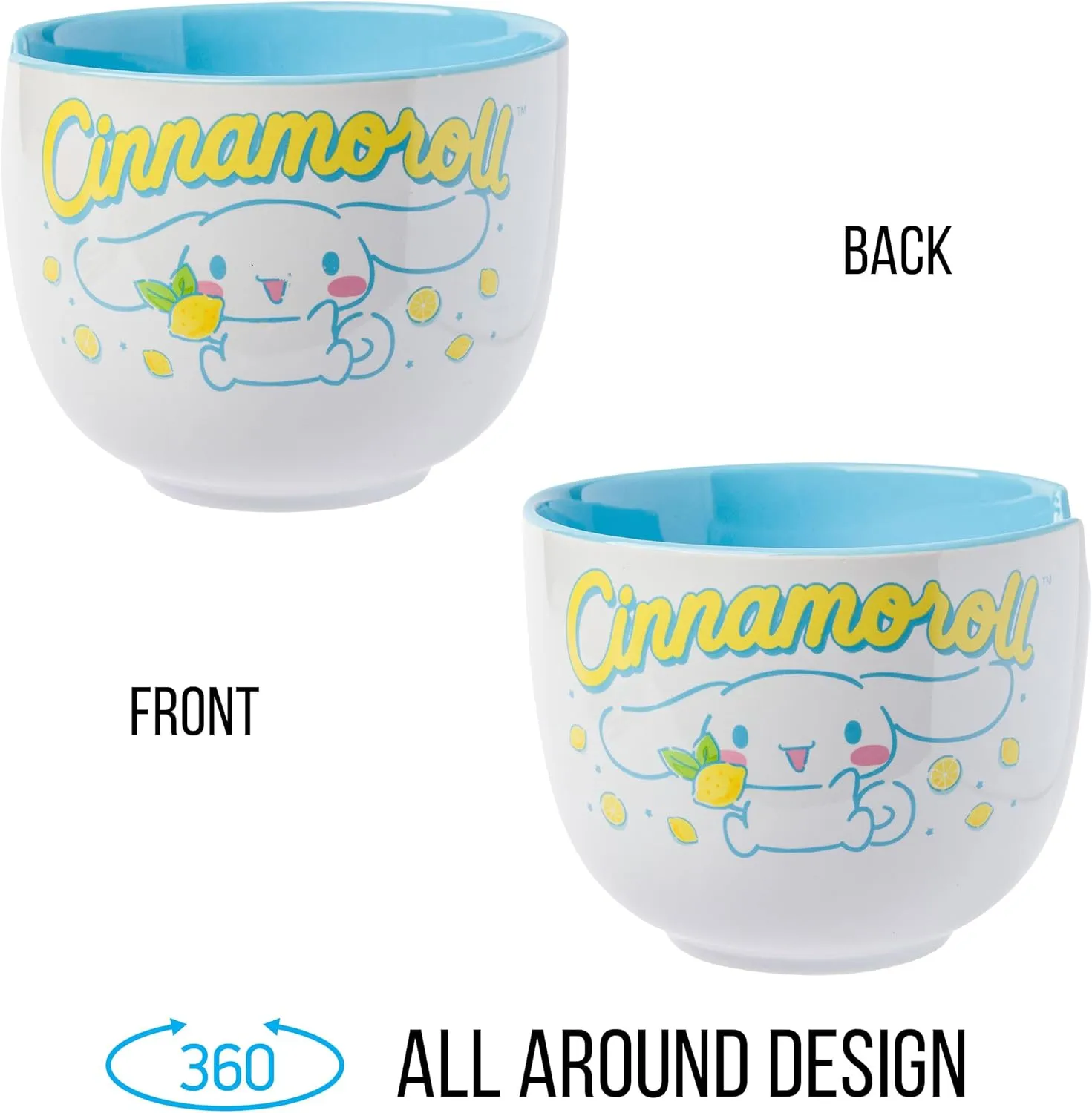Silver Buffalo Sanrio Hello Kitty and Friends Cinnamoroll Lemons Ceramic Ramen Noodle Rice Bowl with Chopsticks, Microwave Safe, 20 Ounces