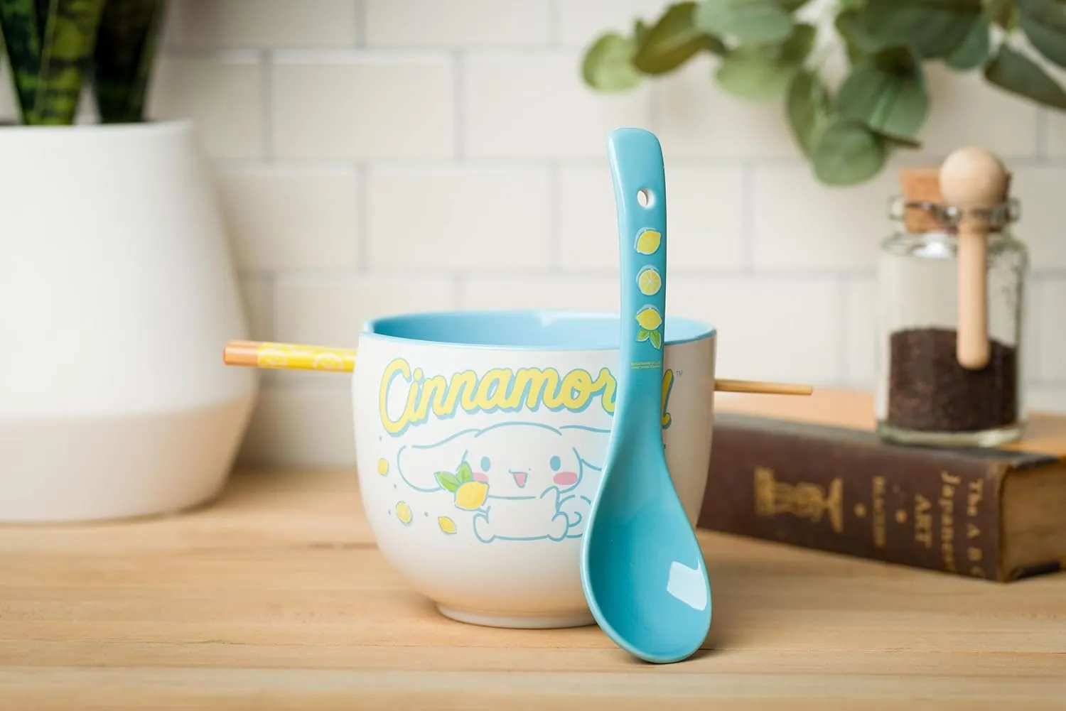 Silver Buffalo Sanrio Hello Kitty and Friends Cinnamoroll Lemons Ceramic Ramen Noodle Rice Bowl with Chopsticks, Microwave Safe, 20 Ounces