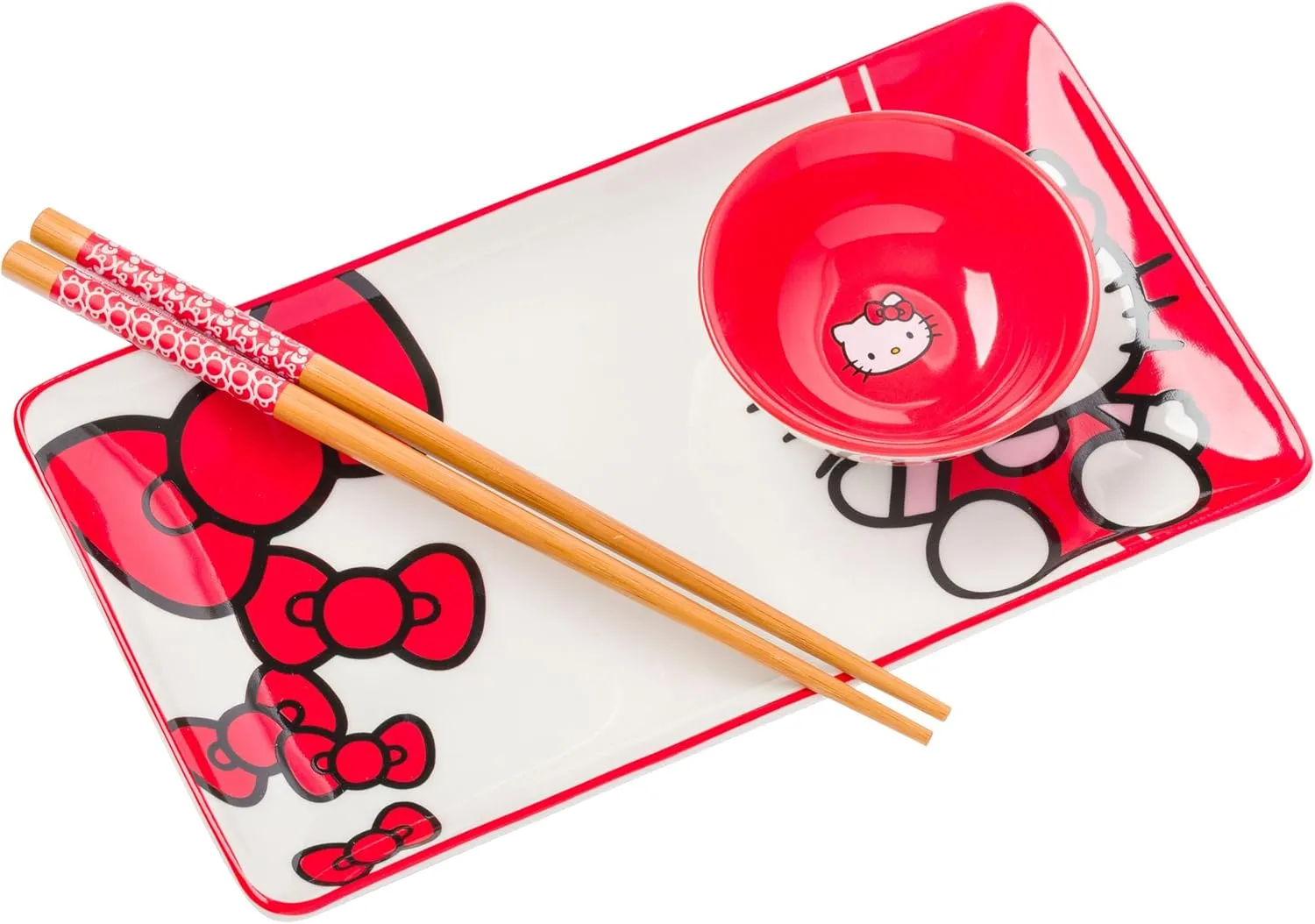 Silver Buffalo Sanrio Hello Kitty Red and White Bow Ceramic Sushi Set with Dipping Sauce Dish and Matching Chopsticks
