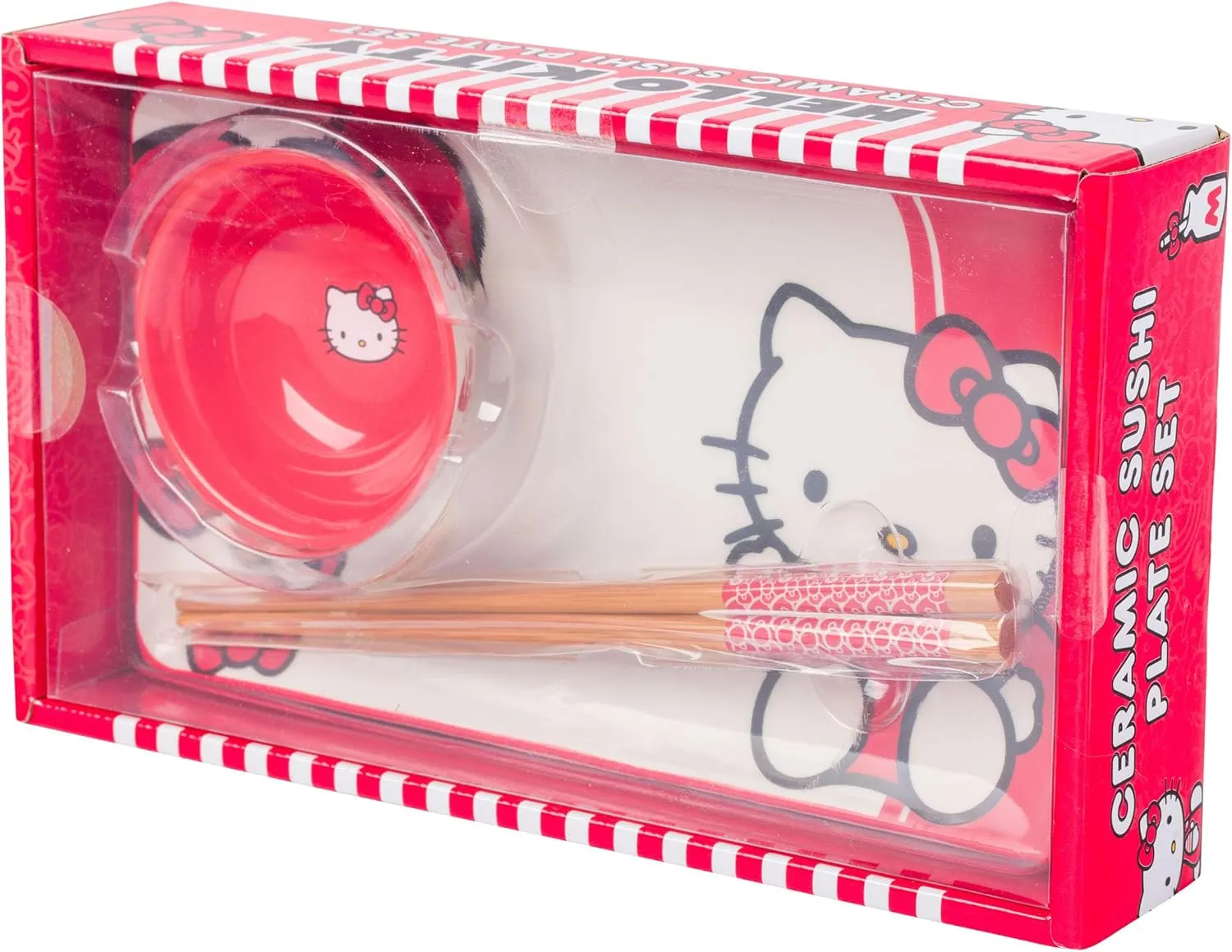 Silver Buffalo Sanrio Hello Kitty Red and White Bow Ceramic Sushi Set with Dipping Sauce Dish and Matching Chopsticks