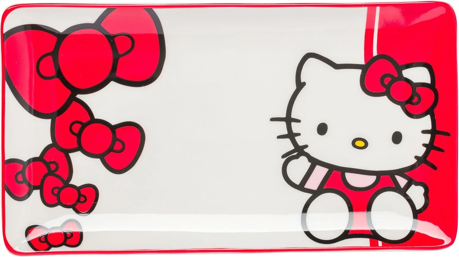 Silver Buffalo Sanrio Hello Kitty Red and White Bow Ceramic Sushi Set with Dipping Sauce Dish and Matching Chopsticks