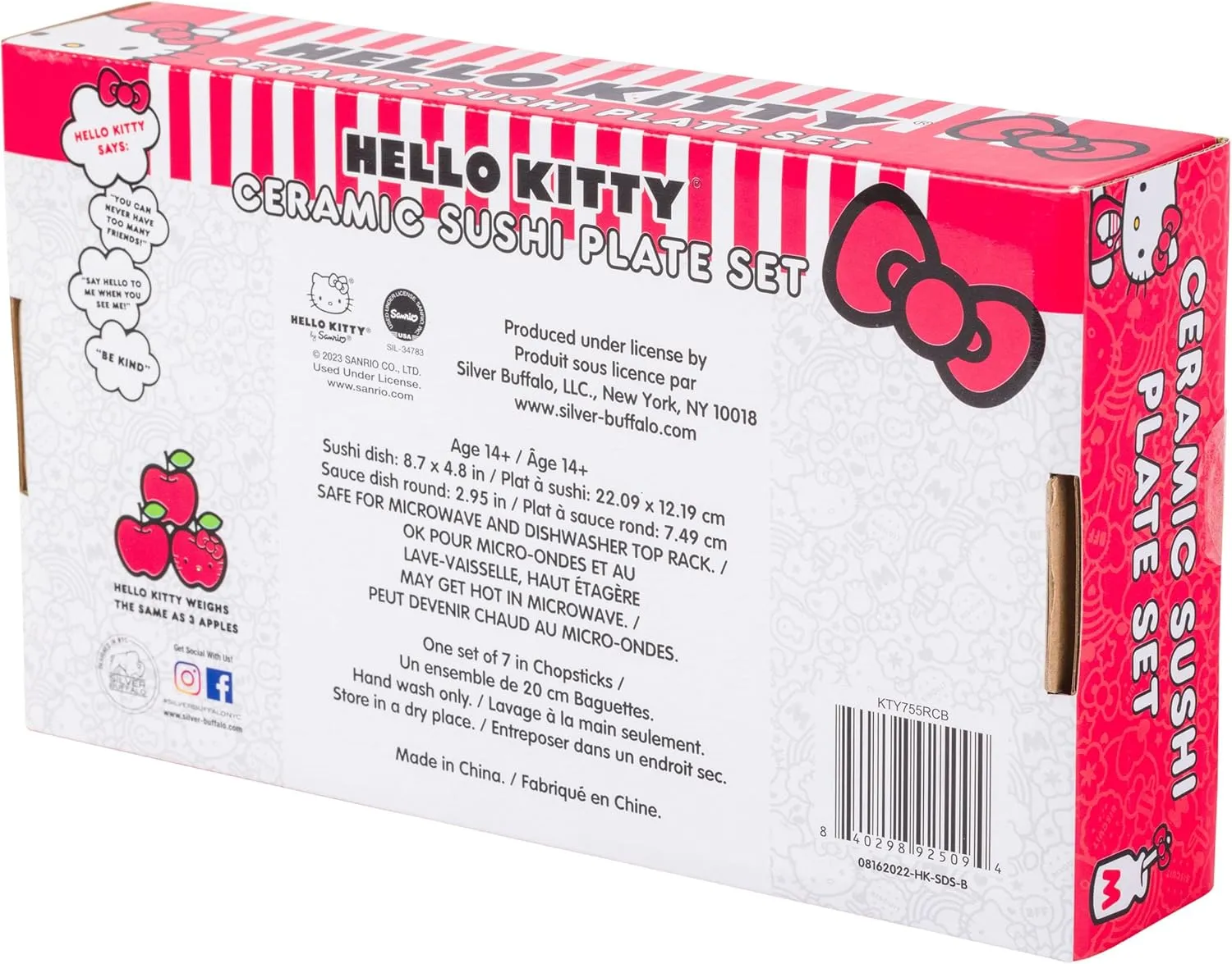 Silver Buffalo Sanrio Hello Kitty Red and White Bow Ceramic Sushi Set with Dipping Sauce Dish and Matching Chopsticks