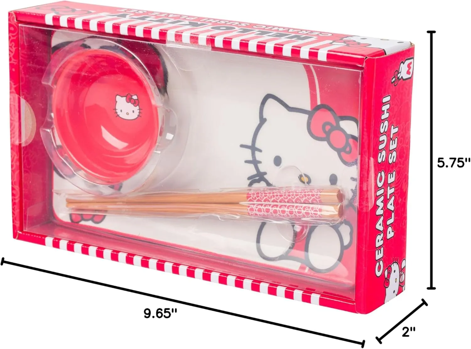 Silver Buffalo Sanrio Hello Kitty Red and White Bow Ceramic Sushi Set with Dipping Sauce Dish and Matching Chopsticks