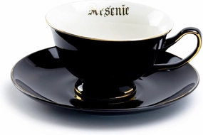 Skull Arsenic Black Gold Tea Cup and Saucer with Gold Trim Halloween Black White and Gold