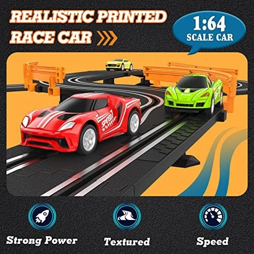 Slot Car Race Track Sets with 4 High-Speed Slot Cars, Battery or Electric Car Track, Dual Racing Game Lap Counter Circular Overpass Track, Gifts Toys for Boys Kids Age 6 7 8-12