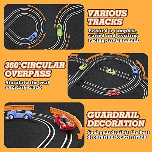 Slot Car Race Track Sets with 4 High-Speed Slot Cars, Battery or Electric Car Track, Dual Racing Game Lap Counter Circular Overpass Track, Gifts Toys for Boys Kids Age 6 7 8-12