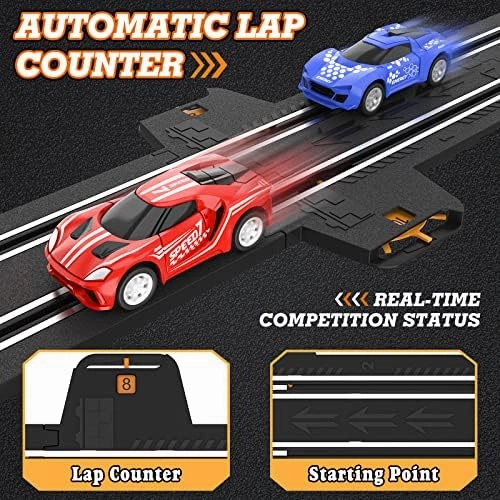 Slot Car Race Track Sets with 4 High-Speed Slot Cars, Battery or Electric Car Track, Dual Racing Game Lap Counter Circular Overpass Track, Gifts Toys for Boys Kids Age 6 7 8-12
