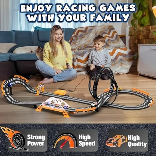 Slot Car Race Track Sets with 4 Slot Cars, Electric Race Car Track Include Slope Circular Overpass Track, Dual Racing Game Featuring Flash Bridge and Pendulum, Gifts Toys for Boys Kids Age 6 7 8-12