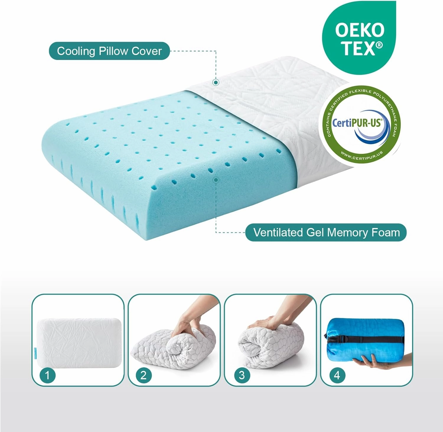 Small Cooling Gel Memory Foam Camping Pillow Travel - Contoured Support -Compressible Pillow Ideal for Backpacking, Camping, Travel, Car, Airplane,Office Nap