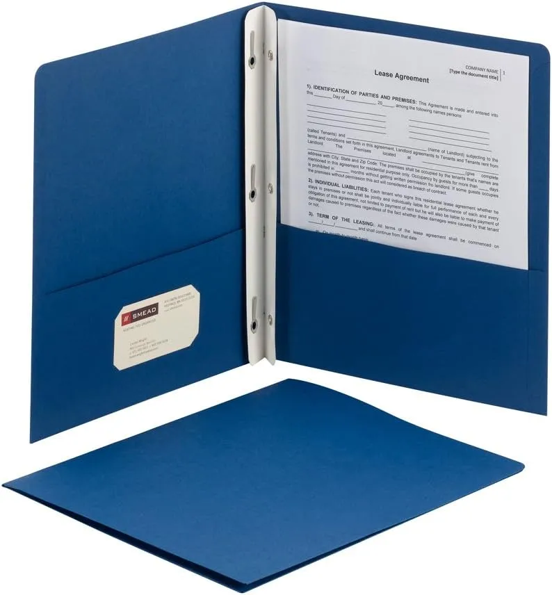 Smead Two-Pocket Heavyweight Folder, Tang Strip Style Fastener, Letter Size, Dark Blue, 25 per Box (88054)