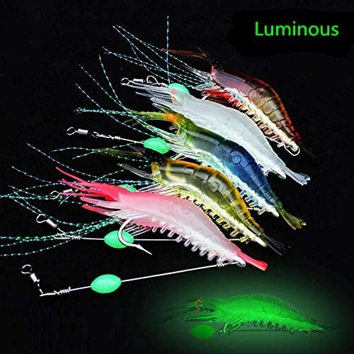Soft Luminous Shrimp Lure Set, 5 Colors Shrimp Bait Shrimp Lures Fishing Bait with Hooks Beads Fishing Tackles for Freshwater Saltwater Bass Trout Catfish Salmon