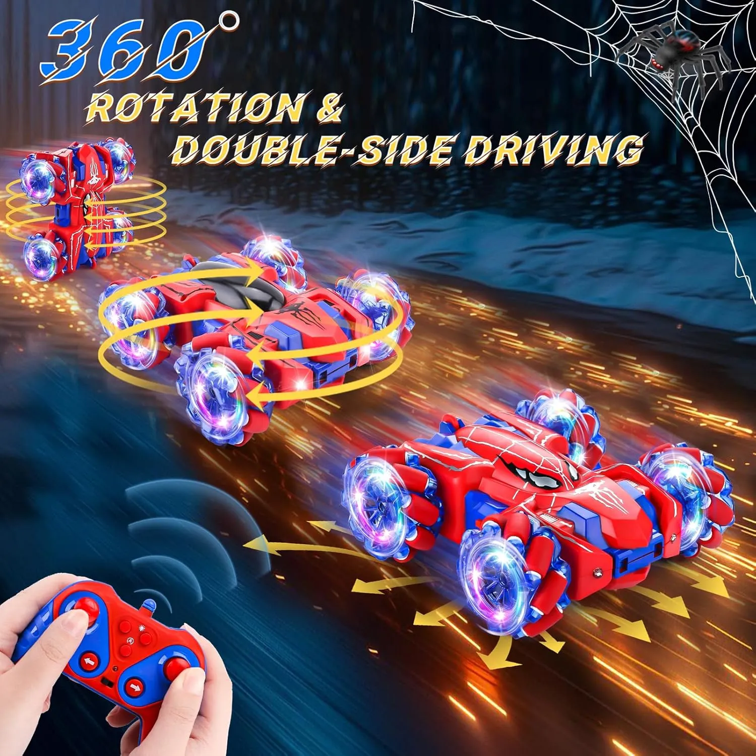 Spider Remote Control Car, 2.4Ghz RC Cars with Headlight Double Sided Off-Road 360° Rotating Rechargeable 4WD RC Stunt Car Indoor Outdoor Spider Toys for Boys 4-6 5-7 8-13