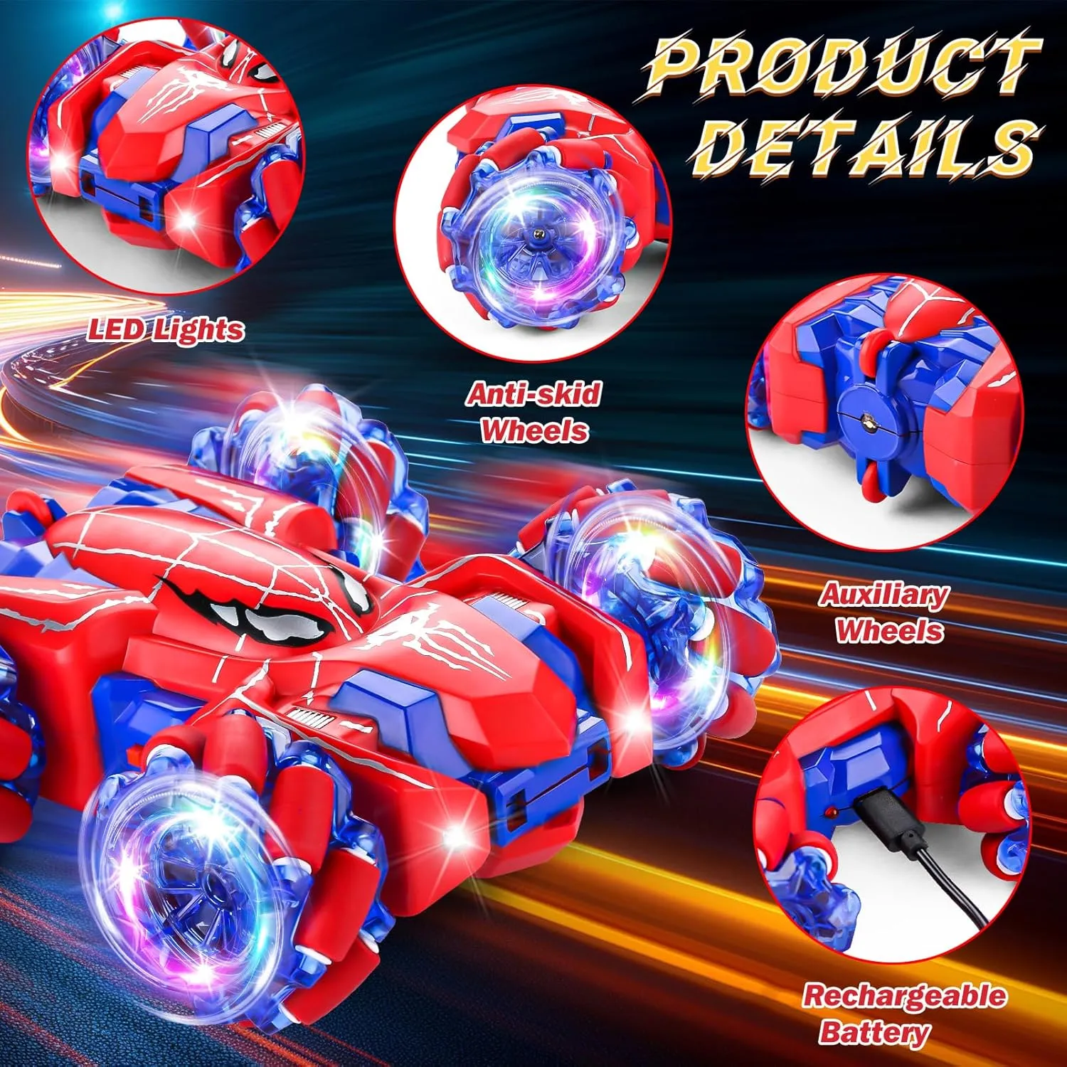 Spider Remote Control Car, 2.4Ghz RC Cars with Headlight Double Sided Off-Road 360° Rotating Rechargeable 4WD RC Stunt Car Indoor Outdoor Spider Toys for Boys 4-6 5-7 8-13
