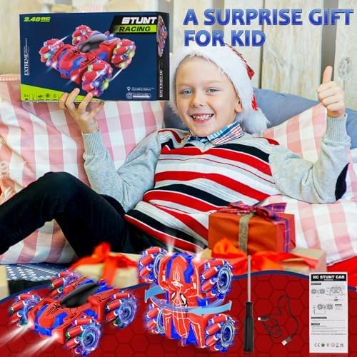 Spider Remote Control Car, USB Direct Charging RC Cars with Cool Lights, 2.4Ghz Double Sided Drift RC Stunt Car, 360°Rotating 4WD Off-Road Race Car Toys for 4-6 6-12 Boy Girl Kids Gifts