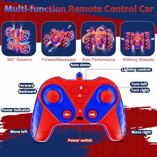 Spider Remote Control Car, USB Direct Charging RC Cars with Cool Lights, 2.4Ghz Double Sided Drift RC Stunt Car, 360°Rotating 4WD Off-Road Race Car Toys for 4-6 6-12 Boy Girl Kids Gifts