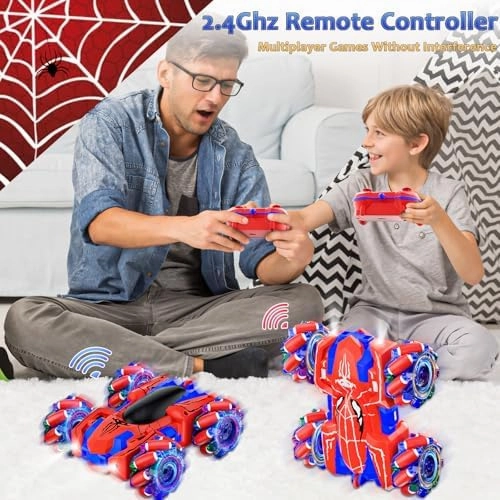 Spider Remote Control Car, USB Direct Charging RC Cars with Cool Lights, 2.4Ghz Double Sided Drift RC Stunt Car, 360°Rotating 4WD Off-Road Race Car Toys for 4-6 6-12 Boy Girl Kids Gifts