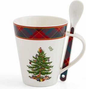 Spode Christmas Tree Mug & Spoon Set, 14 Oz Porcelain Mug for Coffee, Tea, Milk, Hot Cocoa - Festive Gift Box - Dishwasher & Microwave Safe - Holiday Collection Design for Gifting (Tartan)