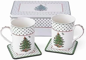Spode Christmas Tree Polka Dot Mug & Coaster Set with Tin Box (5-Piece Set) - Festive Holiday Gift Set for Tea Lovers - Elegant Porcelain Mugs and Cork-Backed Coasters - Dishwasher & Microwave Safe