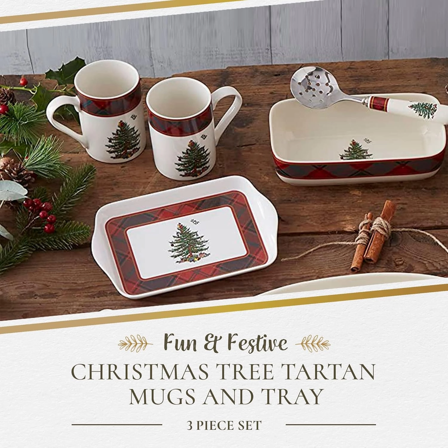 Spode Christmas Tree Tartan 10oz Mug & 8" Tray Set (3-Piece Set) - Festive Porcelain Mugs with Melamine Tray, Dishwasher & Microwave Safe - Holiday Gatherings & Entertaining