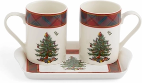 Spode Christmas Tree Tartan 10oz Mug & 8" Tray Set (3-Piece Set) - Festive Porcelain Mugs with Melamine Tray, Dishwasher & Microwave Safe - Holiday Gatherings & Entertaining