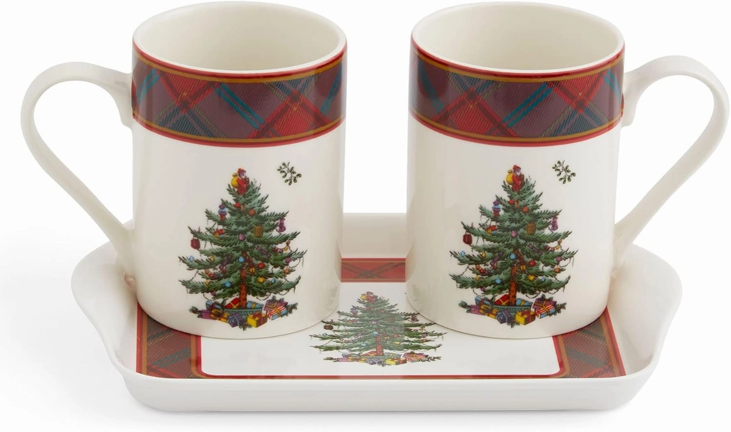 Spode Christmas Tree Tartan 10oz Mug & 8" Tray Set (3-Piece Set) - Festive Porcelain Mugs with Melamine Tray, Dishwasher & Microwave Safe - Holiday Gatherings & Entertaining