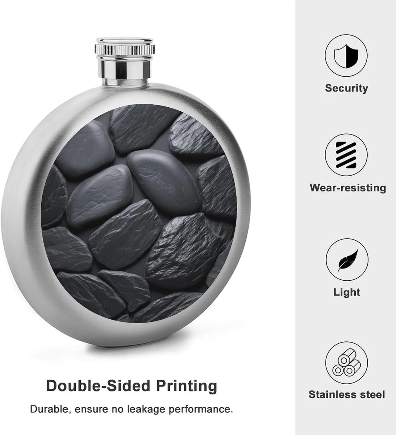 Stainless Steel Wine Bottle Liquor Container Black Stone Print Leak Proof Hip Flask Durable for Camping Hiking Travel Festivals