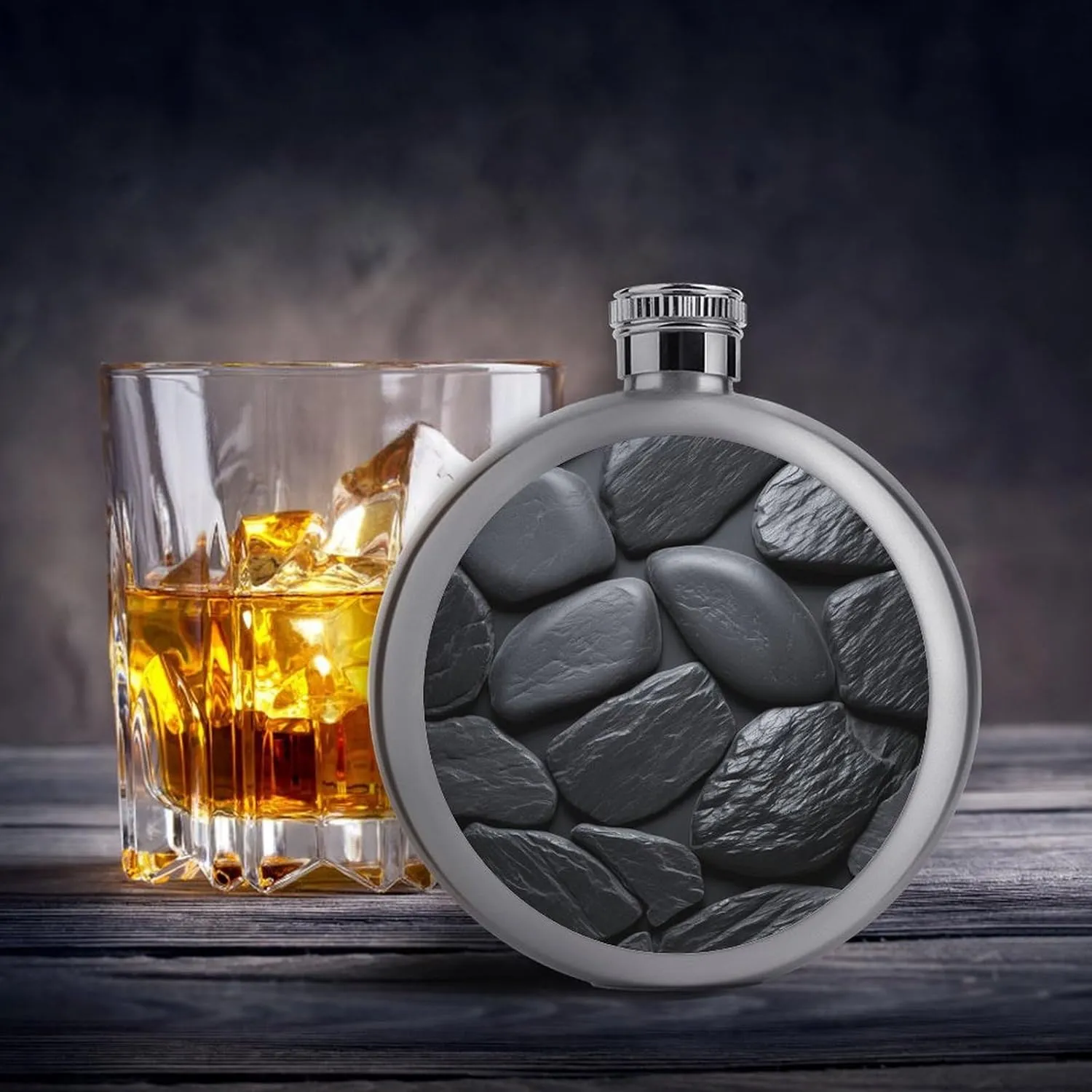 Stainless Steel Wine Bottle Liquor Container Black Stone Print Leak Proof Hip Flask Durable for Camping Hiking Travel Festivals