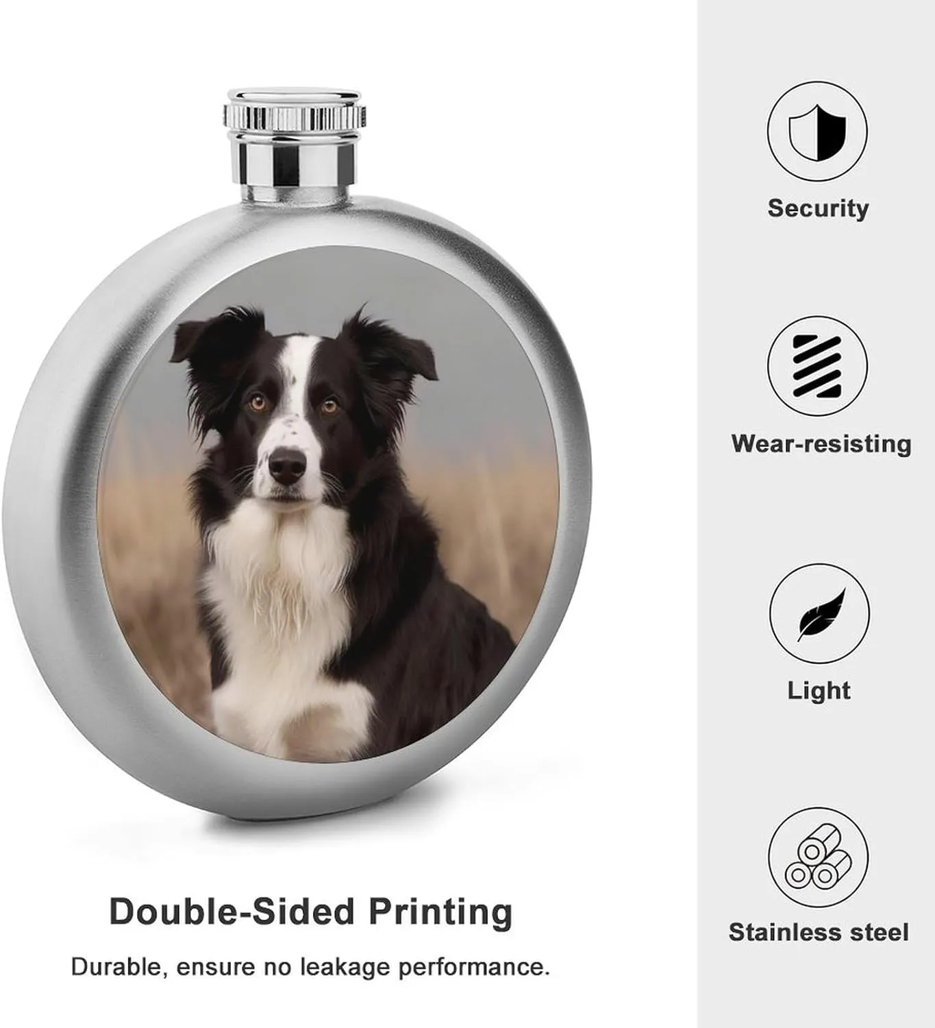 Stainless Steel Wine Bottle Liquor Container Border Collie Print Leak Proof Hip Flask Durable for Camping Hiking Travel Festivals
