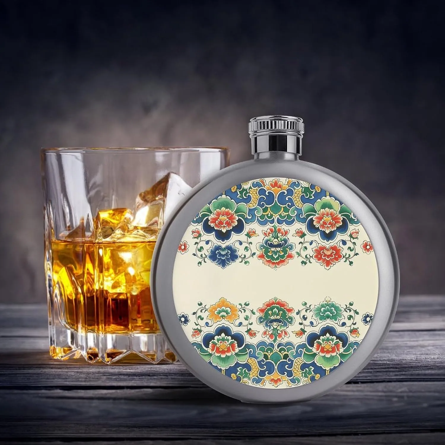 Stainless Steel Wine Bottle Liquor Container Chinese Border Pattern Print Leak Proof Hip Flask Durable for Camping Hiking Travel Festivals