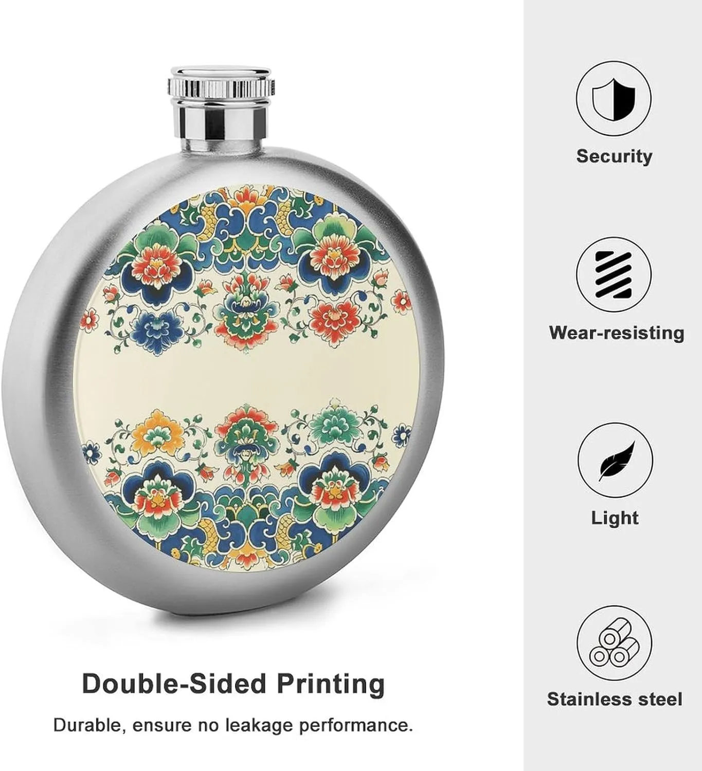 Stainless Steel Wine Bottle Liquor Container Chinese Border Pattern Print Leak Proof Hip Flask Durable for Camping Hiking Travel Festivals