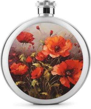 Stainless Steel Wine Bottle Liquor Container Oil Painting Red Flower Print Leak Proof Hip Flask Durable for Camping Hiking Travel Festivals