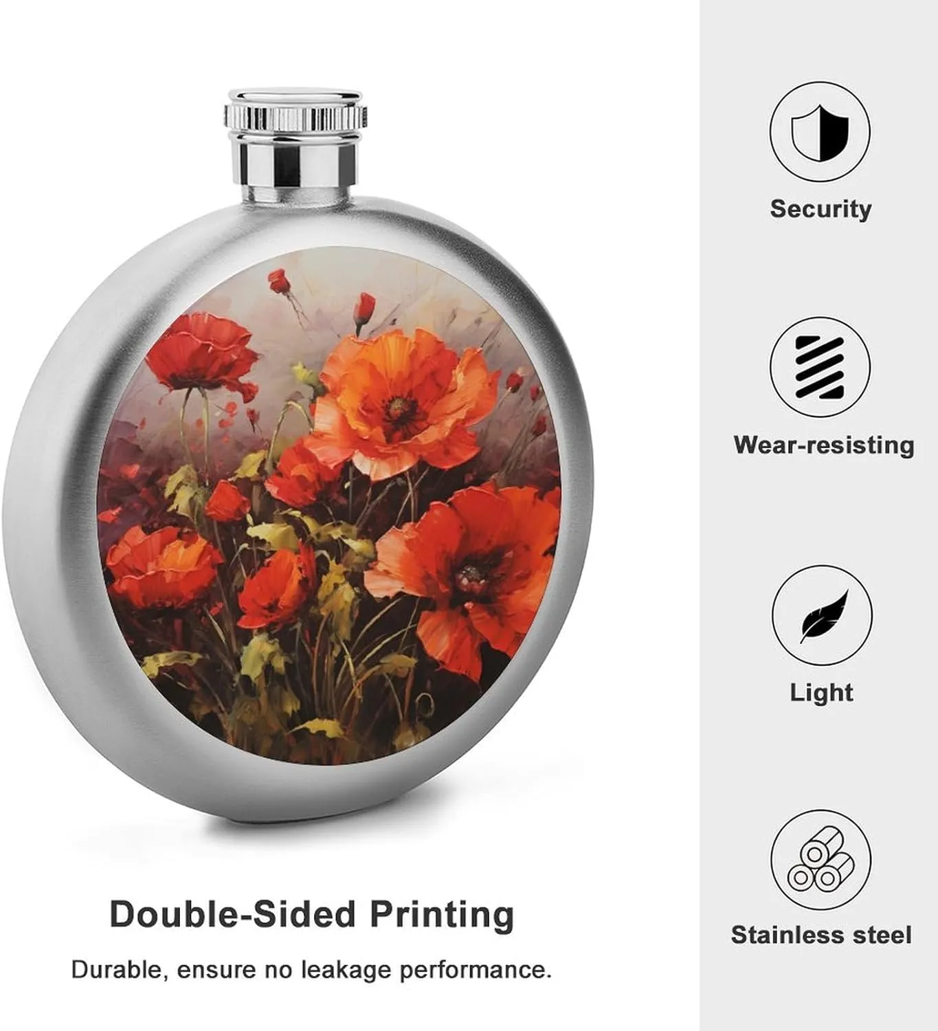 Stainless Steel Wine Bottle Liquor Container Oil Painting Red Flower Print Leak Proof Hip Flask Durable for Camping Hiking Travel Festivals
