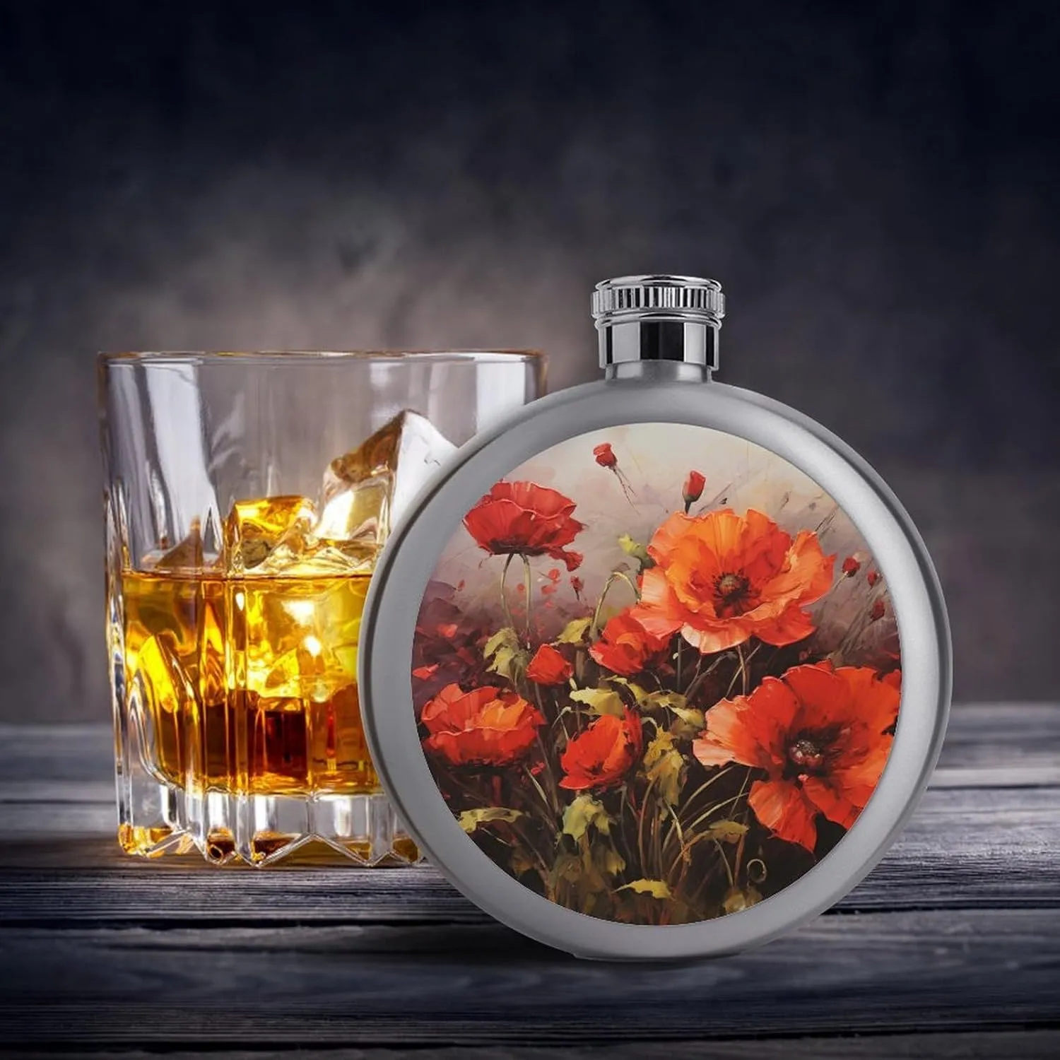 Stainless Steel Wine Bottle Liquor Container Oil Painting Red Flower Print Leak Proof Hip Flask Durable for Camping Hiking Travel Festivals
