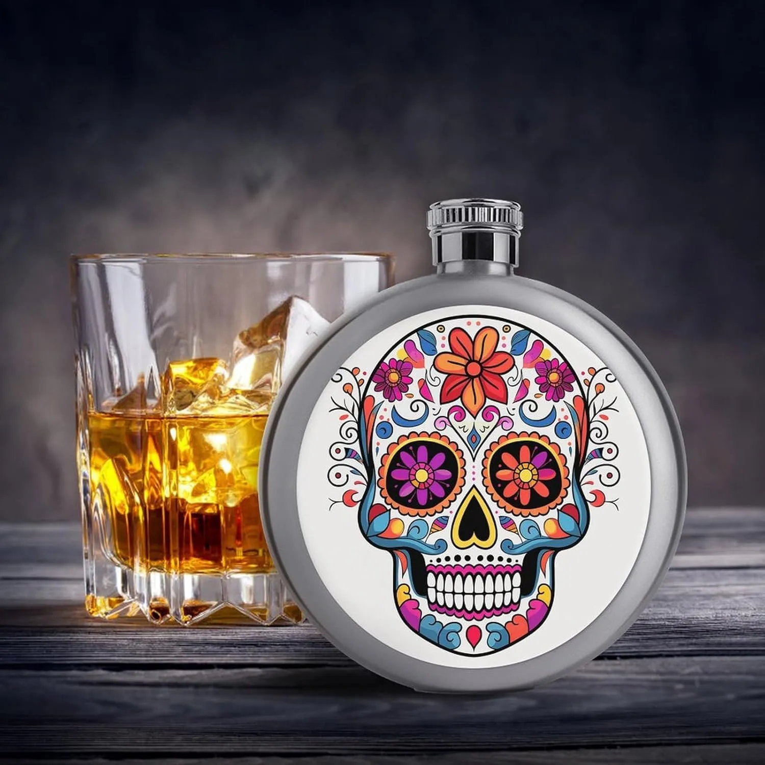 Stainless Steel Wine Bottle Liquor Container Sugar Skull Print Leak Proof Hip Flask Durable for Camping Hiking Travel Festivals