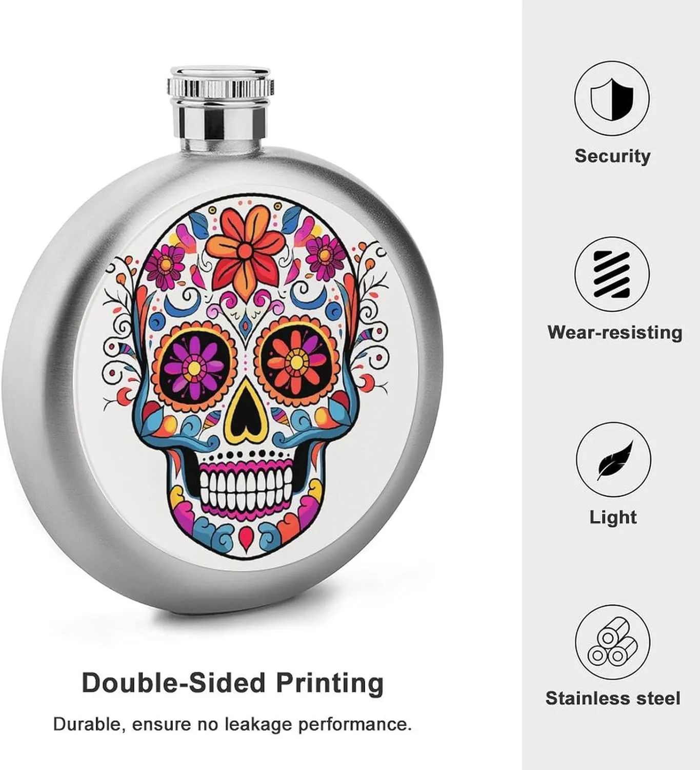 Stainless Steel Wine Bottle Liquor Container Sugar Skull Print Leak Proof Hip Flask Durable for Camping Hiking Travel Festivals