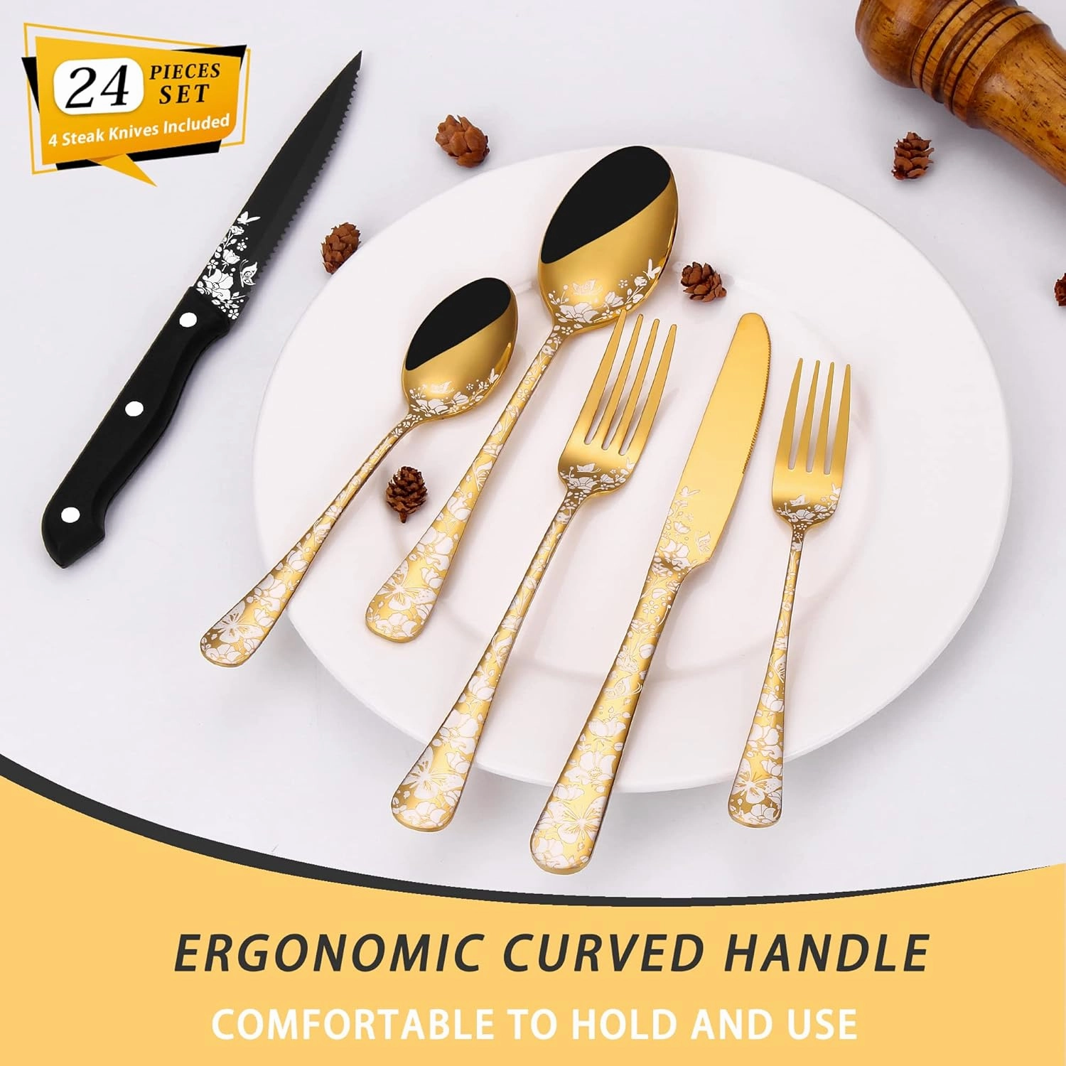 Stapava 24-Piece Gold Silverware Set with Steak Knives for 4, Unique Stainless Steel Flatware Cutlery Set, Forks Spoons And Knives Set, Mirror Polished, Dishwasher Safe Utensil Sets
