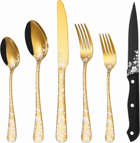 Stapava 24-Piece Gold Silverware Set with Steak Knives for 4, Unique Stainless Steel Flatware Cutlery Set, Forks Spoons And Knives Set, Mirror Polished, Dishwasher Safe Utensil Sets