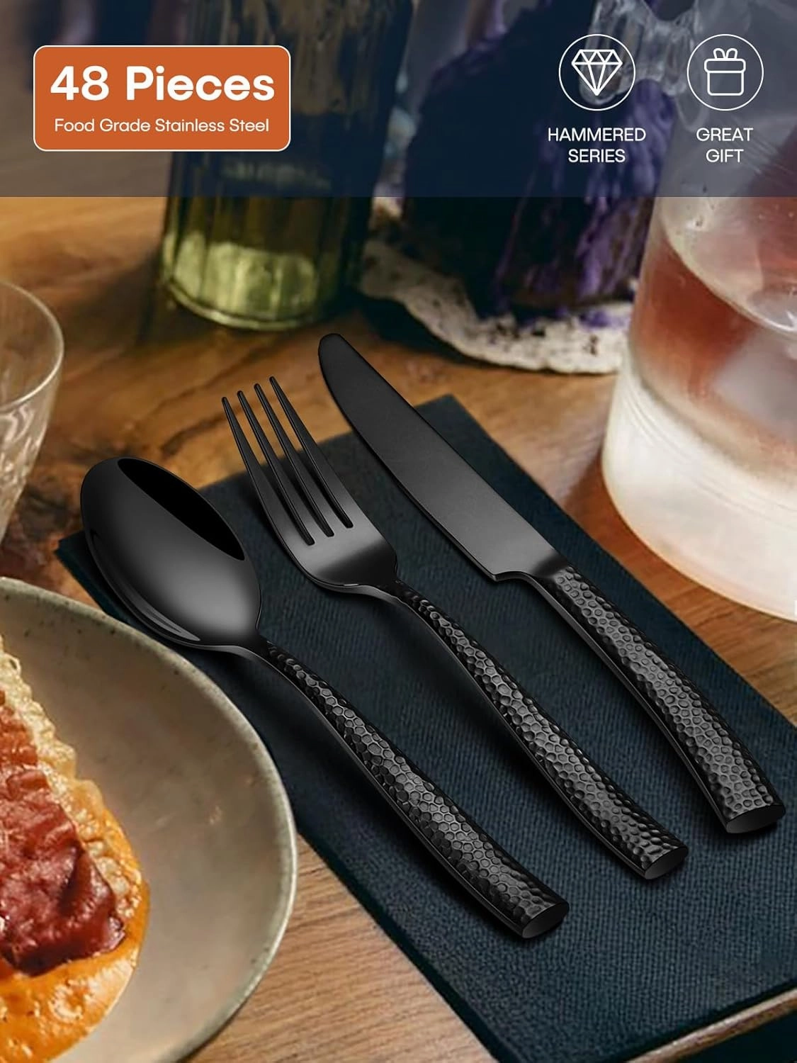 Stapava 48 Pcs Black Hammered Silverware Set with Steak Knives, Stainless Steel Flatware Set for 8, Mirror Cutlery Include Forks Spoons and Knives Set for Home Hotel, Dishwasher Safe Utensils