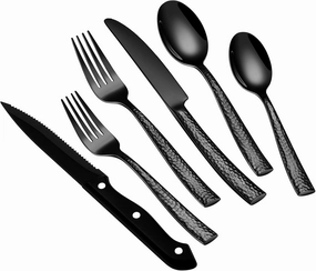 Stapava 48 Pcs Black Hammered Silverware Set with Steak Knives, Stainless Steel Flatware Set for 8, Mirror Cutlery Include Forks Spoons and Knives Set for Home Hotel, Dishwasher Safe Utensils
