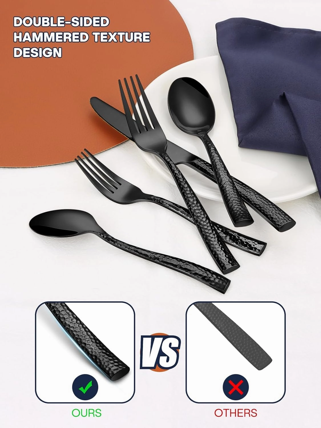 Stapava 48 Pcs Black Hammered Silverware Set with Steak Knives, Stainless Steel Flatware Set for 8, Mirror Cutlery Include Forks Spoons and Knives Set for Home Hotel, Dishwasher Safe Utensils